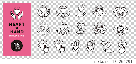 Icon set of hands holding a heart _ Symbol of heart and hands _ Thick line _ Surprise 121264791