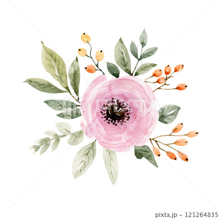 Watercolor floral bouquet with pink anemone flowers, green leaves and berries. Hand painted illustration 121264835