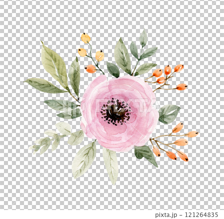 Watercolor floral bouquet with pink anemone flowers, green leaves and berries. Hand painted illustration 121264835