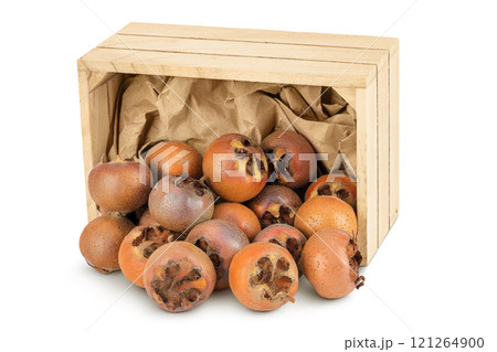 Brown fresh medlars in wooden box isolated on white background. Mespilus germanica close-up 121264900