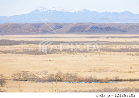 北海道、釧路湿原と雌阿寒岳の風景 121265102