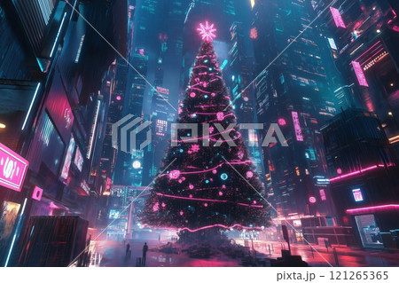 Futuristic cityscape at Christmas time, featuring a large decorated Christmas tree in the city center square 121265365
