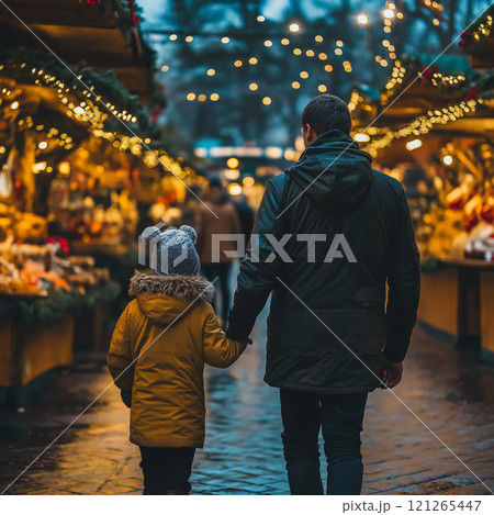 Father and son holding hands walking at Christmas market in the evening, enjoying time together 121265447