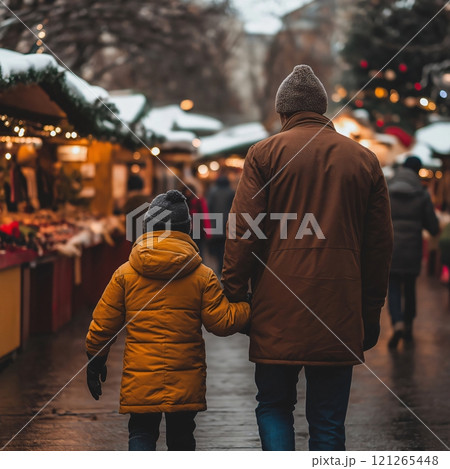 Father and son are enjoying quality time together while walking through a crowded Christmas market 121265448