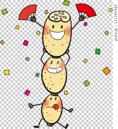 Illustration of a cute lotus root character posing with a fan among confetti 121265485