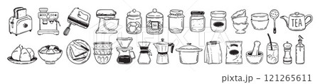 Cooking icon set, vector home kitchen utensil doodle collection, hand drawn food object line art kit Cooking icon set, vector home kitchen utensil doodle collection, hand drawn food object line art kit 121265611