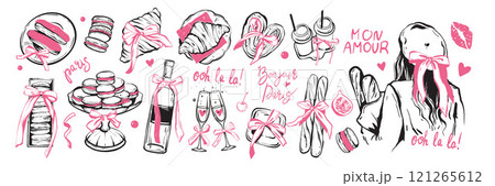 Romantic French eatery doodle set, vector Valentine day Paris date objects, wine bottle, glass, kiss Romantic French eatery doodle set, vector Valentine day Paris date objects, wine bottle, glass, kiss 121265612