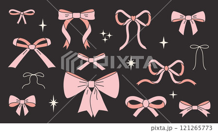 Beautiful pink ribbon bow set, decorative bowknot for gift packaging. Coquette and balletcore aesthetic, girly accessory. Trendy modern vector illustration, flat design 121265773