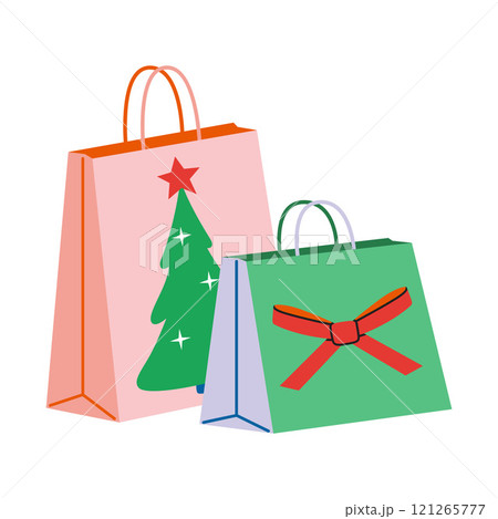 Christmas and New Year gifts package, bags with festive decorations like Xmas tree and bow. Trendy modern vector illustration isolated on white background, hand drawn, flat design Christmas and New Year gifts package, bags with festive decorations like Xmas tree and bow. Trendy modern vector illustration isolated on white background, hand drawn, flat design 121265777