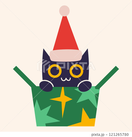Christmas and New Year gift package with festive decorations, cute cat with red santa hat in open box . Trendy modern vector illustration isolated on white background, hand drawn, flat design 121265780