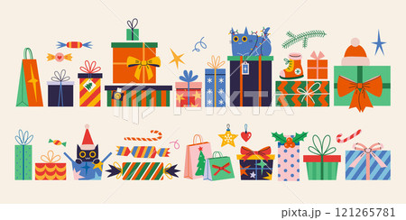 Christmas and New Year gifts package set, boxes and bags with festive decorations like ribbons and bows, wrapping paper. Trendy modern isolated vector illustration, hand drawn, flat design 121265781