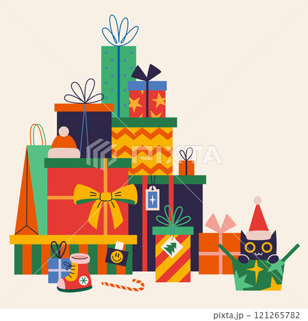 Mountain of gifts, Christmas and New Year presents package. Boxes and bags with festive decorations like ribbons and bows, wrapping. Trendy modern isolated vector illustration, hand drawn, flat 121265782
