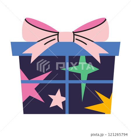 Gift box with stars, ribbon and bow. Christmas and birthday holiday packaging decor. Trendy modern vector illustration isolated on white background, hand drawn, flat design 121265794