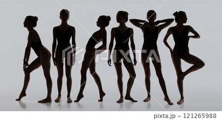 Series of dynamic silhouettes showcases fitness, strength, and fashion through synchronized poses highlighting poise, movement, and natural beauty. Series of dynamic silhouettes showcases fitness, strength, and fashion through synchronized poses highlighting poise, movement, and natural beauty. 121265988