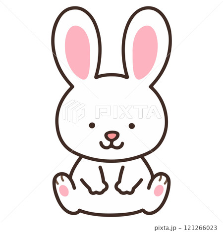 正面を向いて座る可愛くてシンプルな白ウサギのイラスト　主線あり 121266023
