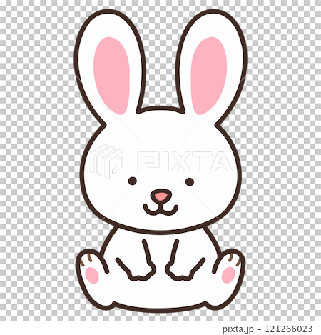 正面を向いて座る可愛くてシンプルな白ウサギのイラスト　主線あり 121266023