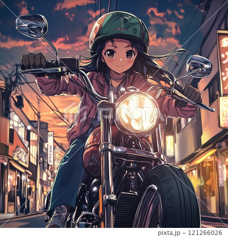 夕暮れ時の街を駆けるバイクに乗る若い女性 夕暮れ時の街を駆けるバイクに乗る若い女性 121266026