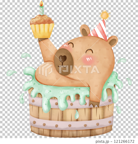 Cartoon capybara on birthday party, hand drawn watercolor Cartoon capybara on birthday party, hand drawn watercolor 121266172