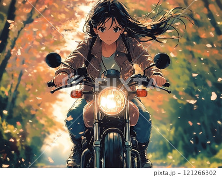秋の道を照らす: モーターバイクに乗る若い女性 秋の道を照らす: モーターバイクに乗る若い女性 121266302