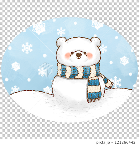マフラーを巻いているくまちゃん雪だるまのイラスト素材 [121266442