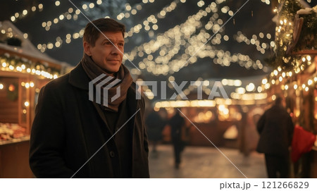 Man is happily strolling through a festive christmas market at night, enjoying the holiday atmosphere 121266829