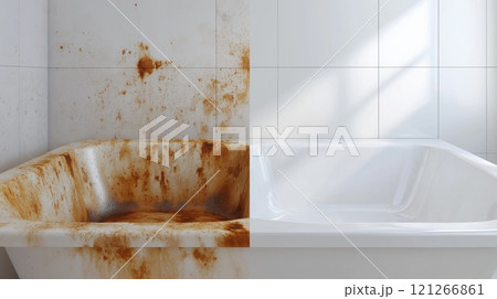 Cleaning rust stains in a bathtub, before and after 121266861