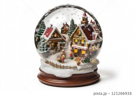 Classic christmas snow globe featuring a quaint village scene with snow falling on miniature houses and people celebrating 121266938
