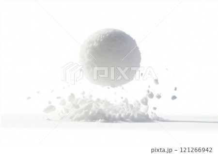 Snowball flies through the air, leaving a fluffy trail of snow. Perfect for winter fun, the white snow contrasts with the bright background. Capture the essence of wintertime snowballing 121266942