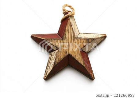 Rustic wooden five pointed star with a distressed red and white finish hanging on a white background 121266955