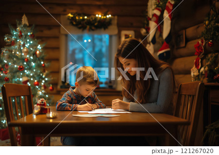 Young boy and his mother are sitting at a table in their living room, writing a letter to Santa Claus 121267020