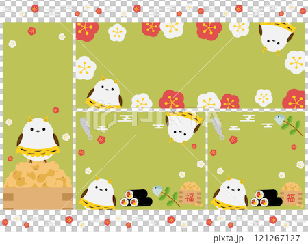 Set of 4 cute long-tailed tit and Setsubun backgrounds 121267127
