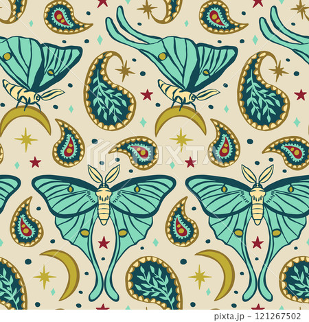Seamless pattern with celestial luna moth and paisley motif. Stars and moons boho wallpaper 121267502