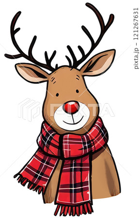 reindeer face with Plaid scarf Cartoon Sticker Merry Christmas text and Happy New year. 121267631
