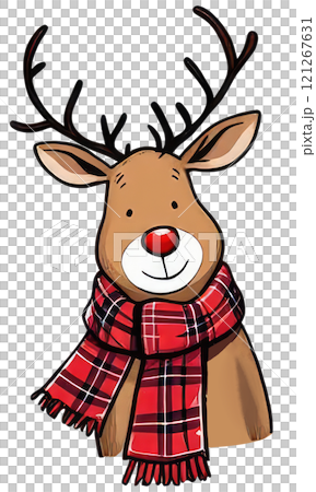 reindeer face with Plaid scarf Cartoon Sticker Merry Christmas text and Happy New year. 121267631
