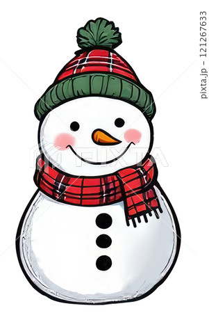 snowman with Plaid scarf Cartoon Sticker Merry Christmas and Happy New year. 121267633
