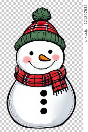 snowman with Plaid scarf Cartoon Sticker Merry Christmas and Happy New year. 121267633