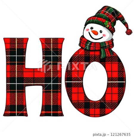 ho wording red Plaid pattern Cartoon Sticker Merry Christmas text and Happy New year. 121267635