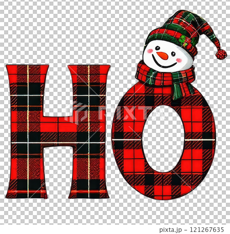 ho wording red Plaid pattern Cartoon Sticker Merry Christmas text and Happy New year. 121267635