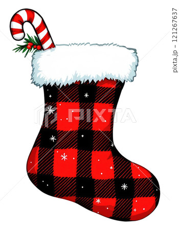 santa Plaid sock Cartoon Sticker Merry Christmas text and Happy New year. 121267637
