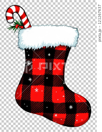 santa Plaid sock Cartoon Sticker Merry Christmas text and Happy New year. 121267637