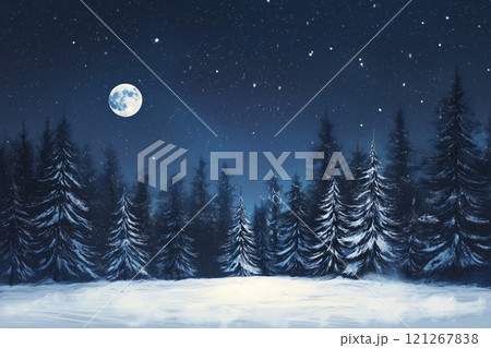 Serene snowy forest at night, lit by a full moon, creating a magical winter wonderland under a starry sky, evoking calm and awe 121267838