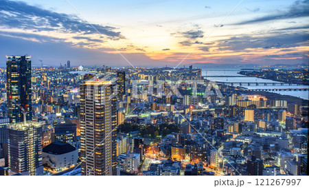 Cityscape view of Osaka downtown from Umeda Sky Building observation deck in Osaka, Japan 121267997
