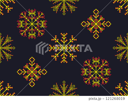 Snowflakes seamless pattern. Winter background with geometric snowflakes of different shapes. Christmas and New Year design for wrapper, banner and poster. Vector illustration Snowflakes seamless pattern. Winter background with geometric snowflakes of different shapes. Christmas and New Year design for wrapper, banner and poster. Vector illustration 121268019