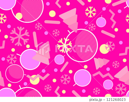 Christmas seamless pattern with geometric shapes in the style of the 80s. Christmas pattern with fir trees, Christmas decorations and geometric shapes for wrappers and banners. Vector illustration Christmas seamless pattern with geometric shapes in the style of the 80s. Christmas pattern with fir trees, Christmas decorations and geometric shapes for wrappers and banners. Vector illustration 121268023