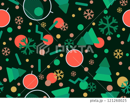 Christmas seamless pattern with geometric shapes in the style of the 80s. Christmas pattern with fir trees, Christmas decorations and geometric shapes for wrappers and banners. Vector illustration Christmas seamless pattern with geometric shapes in the style of the 80s. Christmas pattern with fir trees, Christmas decorations and geometric shapes for wrappers and banners. Vector illustration 121268025