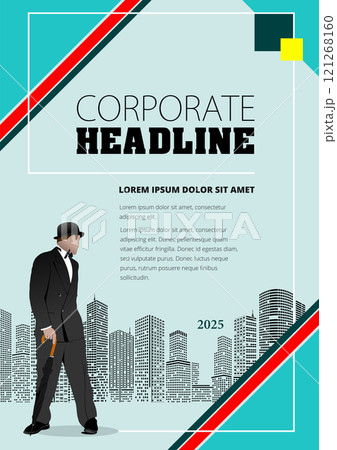 Elegant businessman holding an umbrella is walking in an urban landscape with a corporate headline 121268160