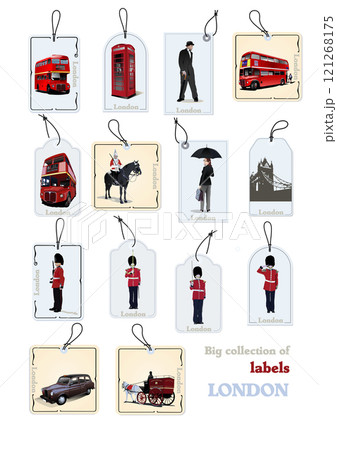 Set of labels with london symbols, including a red bus, a telephone booth, a royal guard and the tower bridge 121268175