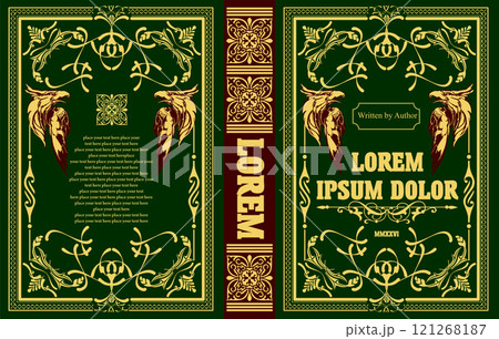 Elegant vintage book cover design featuring two eagles and floral ornaments on a green background Elegant vintage book cover design featuring two eagles and floral ornaments on a green background 121268187