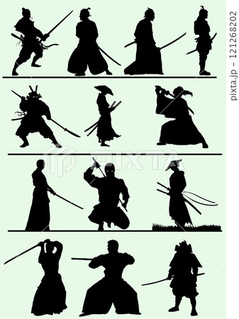 Twelve black silhouettes of samurai and ronin practicing martial arts with their swords 121268202
