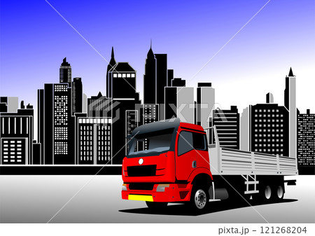 Red delivery truck parked alone in a modern city with skyscrapers in the background Red delivery truck parked alone in a modern city with skyscrapers in the background 121268204